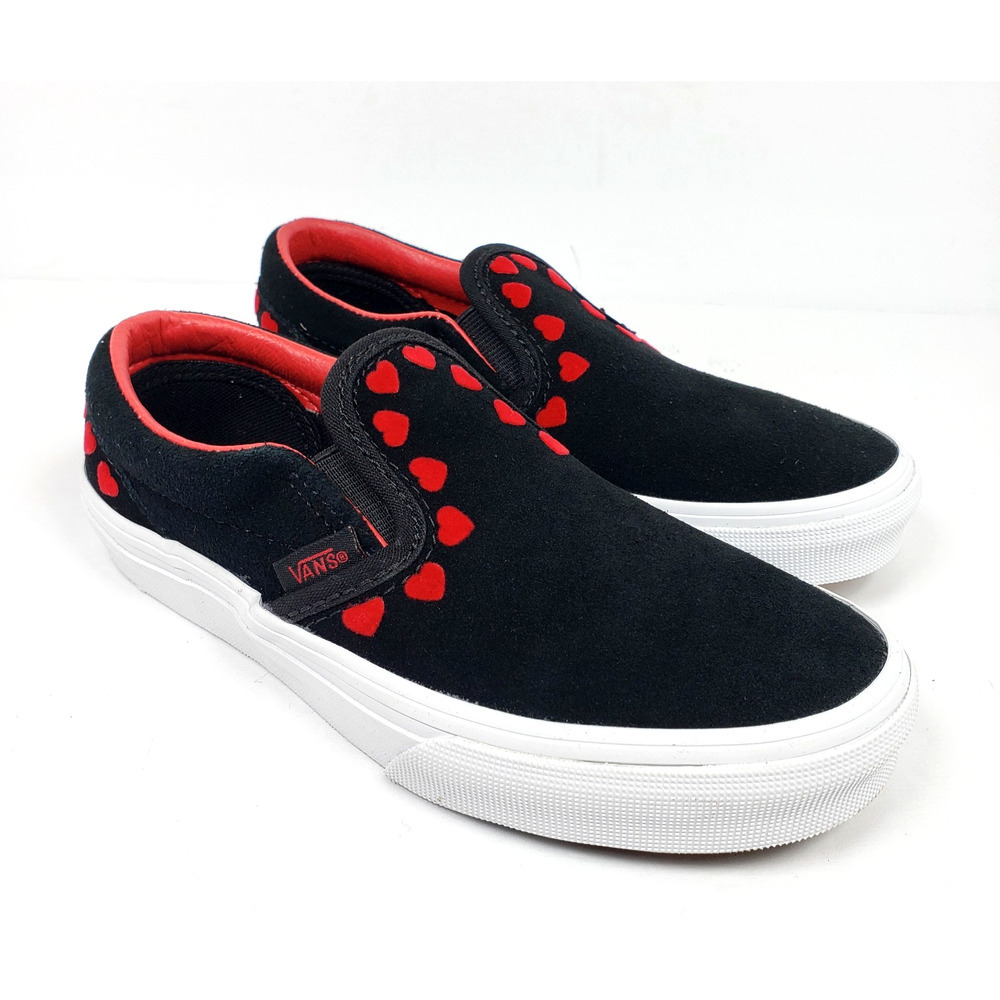 Vans Classic Slip On Girls Size 3Y Hearts Black Red Suede Slip On Loafer Shoes